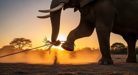 Obraz premium Majestic Elephant Silhouette Against a Vibrant Sunset in the African Savanna.