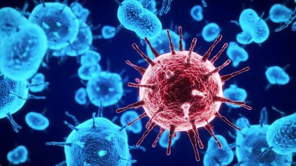 Microscopic view of a dangerous red virus surrounded by numerous blue cells illustrating a viral infection or disease outbreak in a biological context. - Powered by Adobe