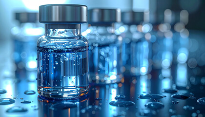 Pharmaceutical vials in rows: A close-up showcases pharmaceutical vials arranged in a neat row, filled with a vibrant blue liquid, offering a sense of scientific progress and medical innovation. 
