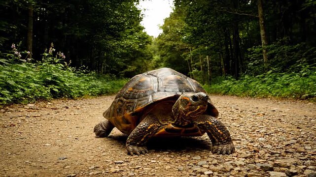 Slow turtle walking on a gravel path through a green forest. This reptile moves determinedly toward the camera with a steady pace