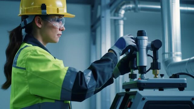 Female engineer calibrates industrial equipment, working in a modern factory setting with pipes visible