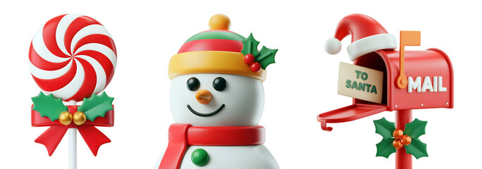 3d Joyful Christmas scene with a festive snowman candy cane lollipop and Santa mailbox isolated on png transparent background