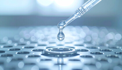 Science Experiment: Close-up of a pipette dispensing a drop of liquid onto a laboratory container, symbolizing the precision of scientific research and medical breakthroughs. 