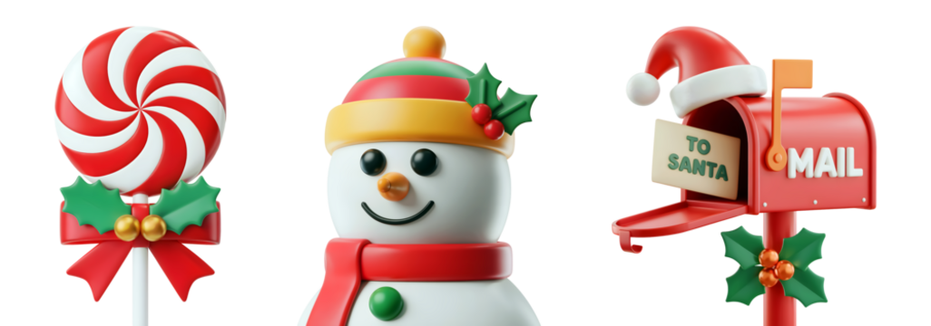 3d Joyful Christmas scene with a festive snowman candy cane lollipop and Santa mailbox isolated on png transparent background
