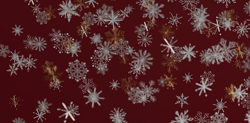Decorative snowflake pattern on maroon backdrop suitable for Christmas holiday design. Winter themed background with artistic falling