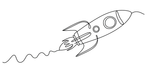 Continuous line art drawing of a rocket launching and flying upward