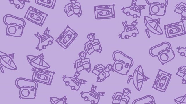 4k stock | Lavender background filled with drawings of old technology items & random motion.