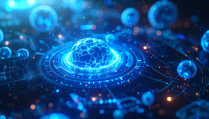Obraz premium Digital Innovation: A futuristic depiction of interconnected nodes and glowing orbs representing the intricate web of digital connectivity.