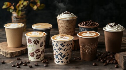 Indulge in artisanal coffee creations served in stylish paper cups, perfect for cafes and on-the-go enjoyment, showcasing latte art and creamy toppings.
