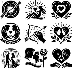 Couple love doll with man and woman icons, hand with heart silhouette romantic concept illustration