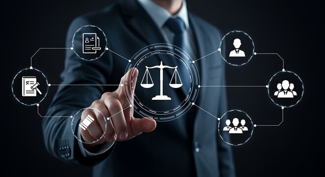 Law and legal technology concept with justice scales and businessman touch
