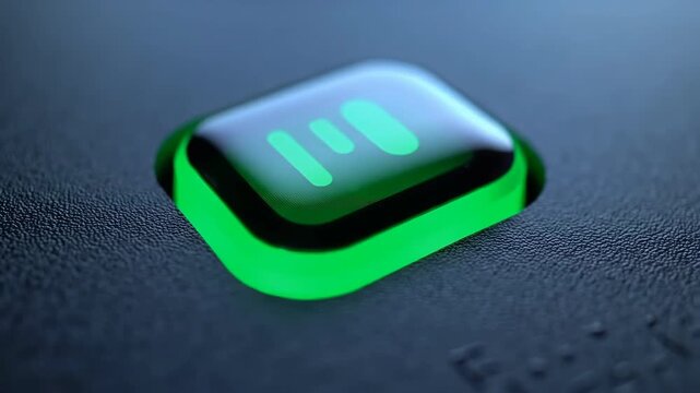 Glowing green button inset on dark textured surface, illuminated with green light, for activation