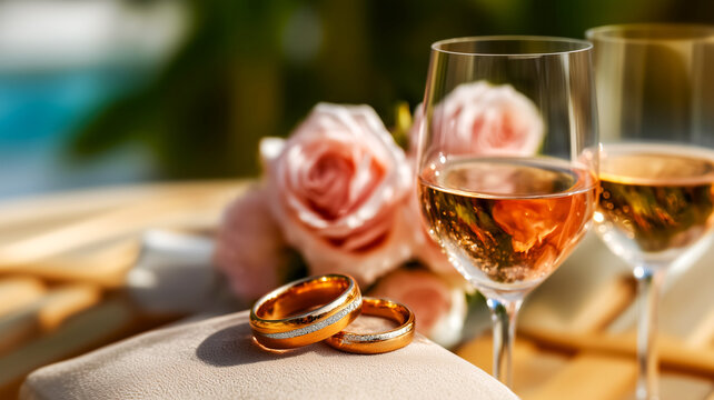 Wedding rings and flutes of champagne, delicate roses on a table, a poster for a wedding or engagement invitation, warm sunlight on the big day