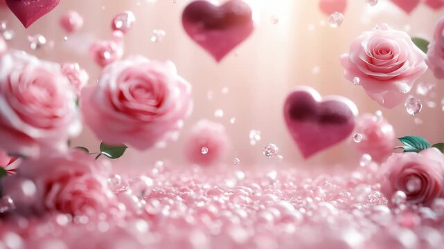 Romantic pink roses and hearts float creating a dreamy wedding background
