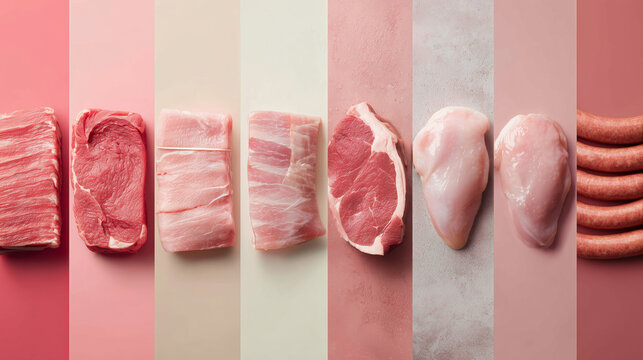 Different types of meat laid out in an organized manner on colorful backgrounds showcasing various cuts and preparations - Powered by Adobe