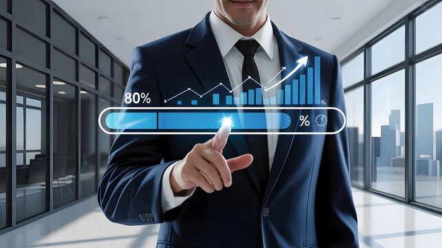 A person in a blue suit holding a smartphone displaying an updating progress bar at eighty percent