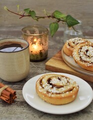 Cinnamon bun (kanelbulle).Traditional Scandinavian pastries.