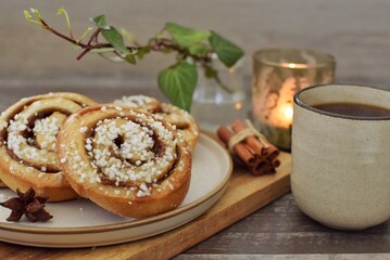 Cinnamon bun (kanelbulle).Traditional Scandinavian pastries.