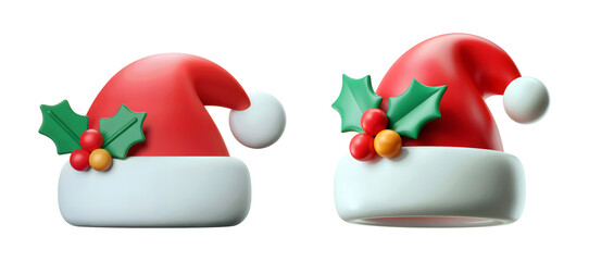 3d Festive Santa hats with holly and berries bring holiday cheer to any Christmas project isolated on png transparent background
