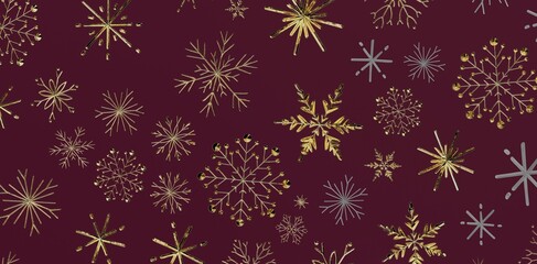 Elegant winter background with gold and burgundy snowflakes. Perfect for seasonal designs, Christmas greetings and festive promotions