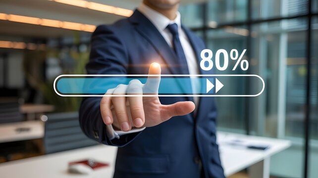 A person in a blue suit holding a smartphone displaying an updating progress bar at eighty percent