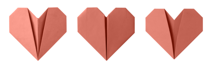 3d Three charming coral origami hearts arranged elegantly crafting heartfelt messages or romantic designs isolated on png transparent background