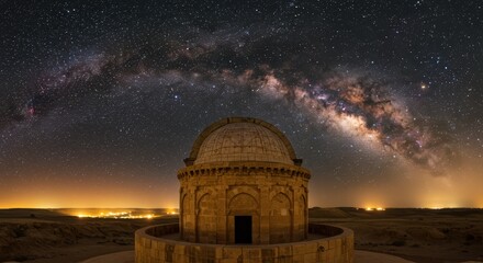 Fototapeta premium Ancient domed structure sits beneath the brilliant arc of the Milky Way galaxy
