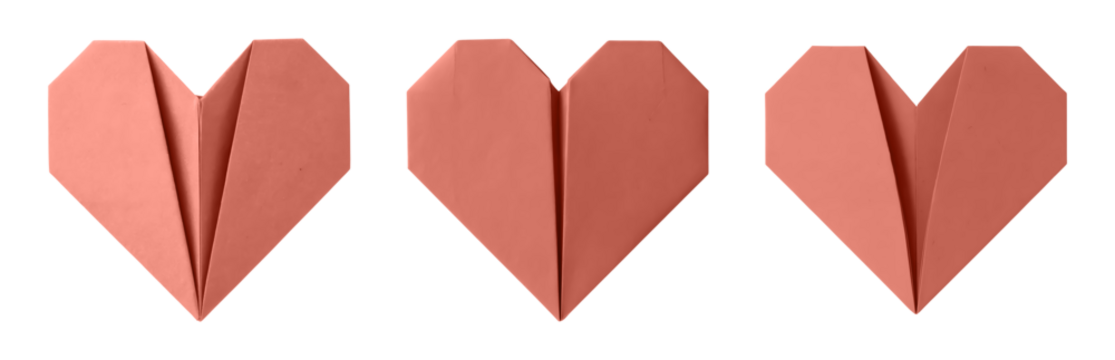 3d Three charming coral origami hearts arranged elegantly crafting heartfelt messages or romantic designs isolated on png transparent background