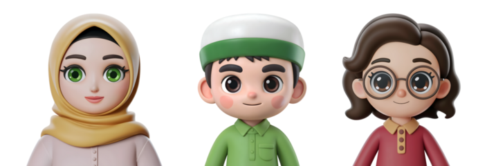 3d Joyful Muslim family characters for diverse cultural storytelling and educational content isolated on png transparent background