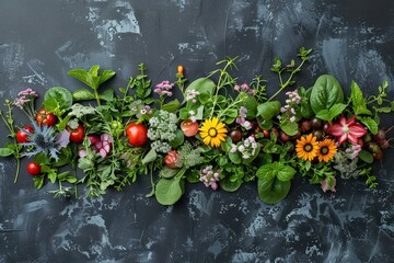 Fresh herbs vegetables flowers creating natural wellness border