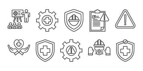 work safety icon set collection in outline style. Icon pack contains work safety, training, safety first, protection, regulation, hazards, health, insurance, risk, ppe (personal protective equipment),