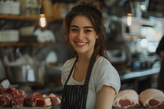 A young woman stands behind a counter at a butcher shop, smiling while wearing a striped apron. Fresh cuts of meat are displayed in front of her, and the shop has a warm, inviting atmosphere