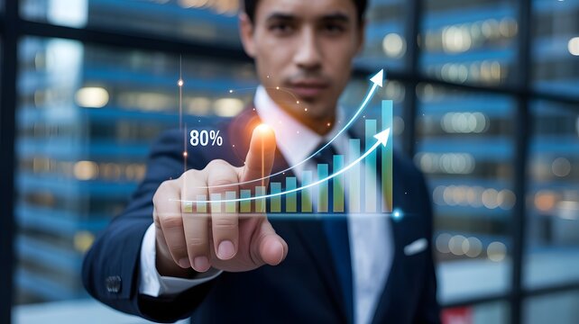 A person in a blue suit holding a smartphone displaying an updating progress bar at eighty percent