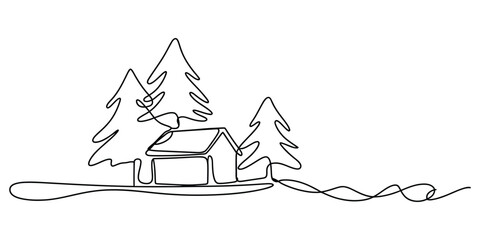 Simple continuous line art of a house, two pine trees nature