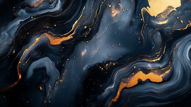 Abstract swirling dark blue and gold fluid art isolated on white background - Powered by Adobe