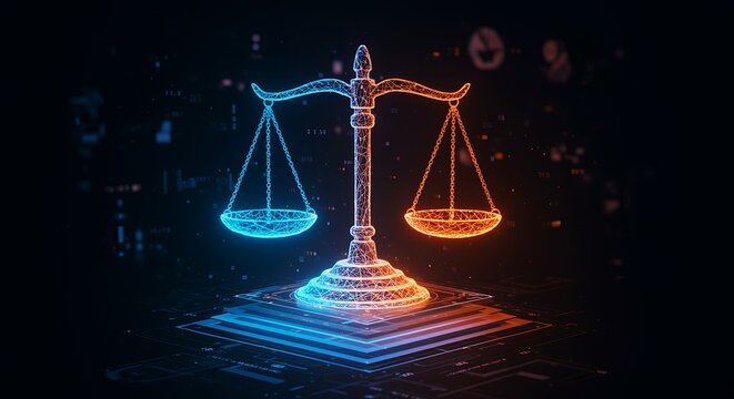 Scales of Justice in Cyber Space Data Law Illustration Graphic