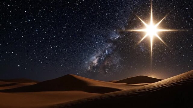A celestial sight A bright star guides over desert dunes under a starry night sky