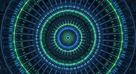 Abstract circular tunnel of neon green and blue lights with intricate geometric patterns and futuristic technology