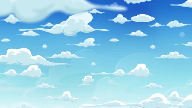 Seamless Clouds On Blue Sky Background Animation/ Animation of a seamless looping video of a blue sky animated background, filled with cartoon clouds, smoke patterns and fog icons