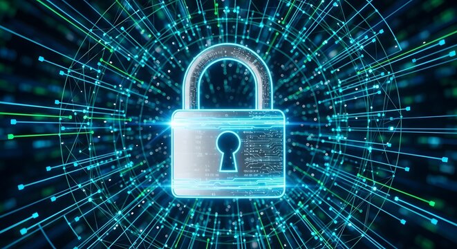 Digital Padlock Protecting Data Security on Futuristic Network Connection with Glowing Lines Technology in Cyberspace 150 Characters