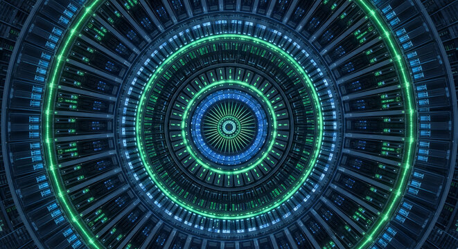Abstract circular tunnel of neon green and blue lights with intricate geometric patterns and futuristic technology