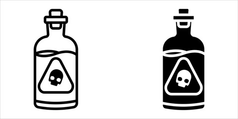 Poison icon set. Two minimalist line art illustrations of a poison bottle. Each bottle contains a triangular label with a skull symbol, isolated on a white background.