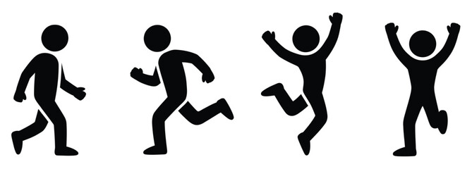 Dynamic stick figures demonstrating movement, progress, and celebration with energetic poses, perfect for conveying concepts of achievement and motion in modern design.