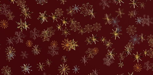 Abstract golden snowflake pattern on a dark red background, perfect for winter holiday designs, Christmas and festive greetings. Fest