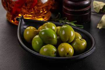 Marinated pickled green olives snack