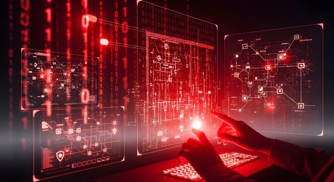 Person Working on Cyber Security Interface with Binary Code Showing Protection and Secure System Digitalization of Information 150 Characters
