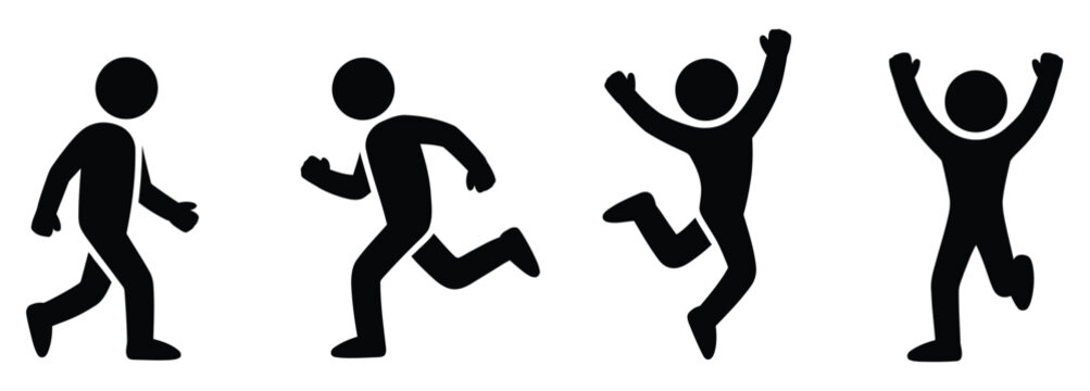 Dynamic stick figures demonstrating movement, progress, and celebration with energetic poses, perfect for conveying concepts of achievement and motion in modern design.