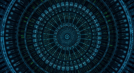 Intricate circular pattern of blue and teal geometric shapes creating a futuristic abstract tunnel effect