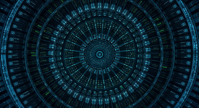 Intricate circular pattern of blue and teal geometric shapes creating a futuristic abstract tunnel effect
