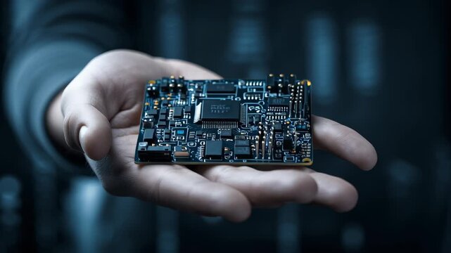 Hand holding a modern electronic circuit board showcasing technology and innovation